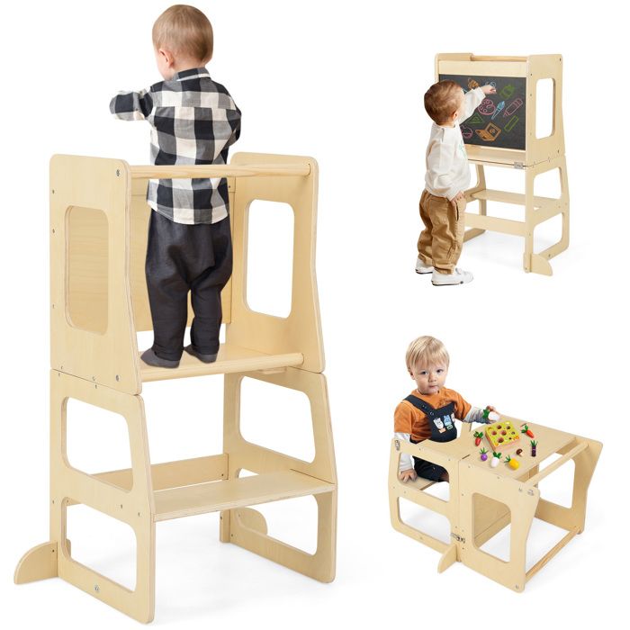 Tour dApprentissage Enfants – DREAMADE - 3 en 1 - Tabouret en Bois Convertible - Tableau Noir - Rail de Sécurité- Naturel