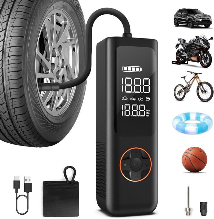 Morpilot Gonfleur Pneus Sans Fil – 7800mAh, 150 PSI, 4 Modes, Lumière LED – Pour Voiture, Moto, Vélo – Compresseur Portable Avec Allume-cigare 12V
