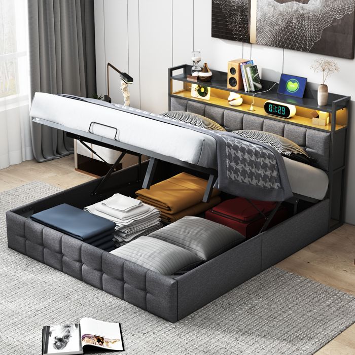 Lit coffre double 160x200 cm - Lit 2 personnes - Lit adulte rembourré avec lumineuse LED - Tissu en lin - Sommier à lattes - Gris