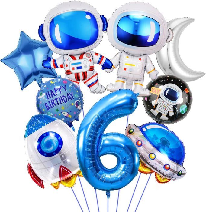 Déco Anniversaire Espace 6 Ans – Ballons Astronaute Fusée Vaisseau – Kit Fête Univers Pour Garçon – Ballon Numéro 6 Géant – Hélium Facile