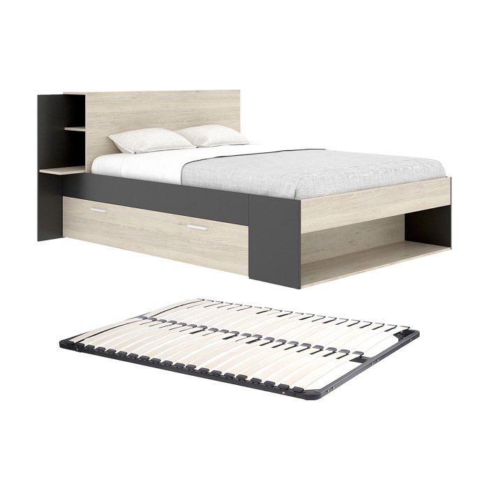 Lit 140 x 190 cm avec rangements - Coloris : Naturel et noir + Sommier - KEROSIA