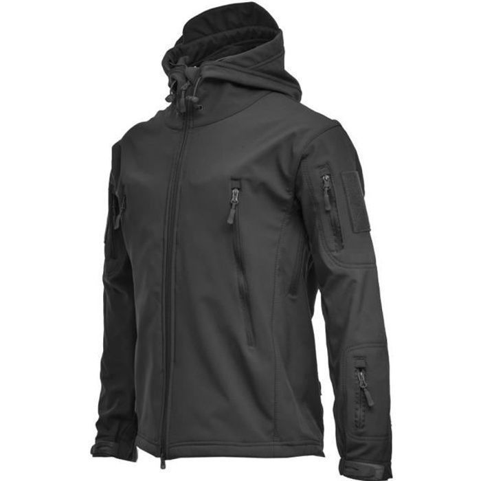 Softshell Homme Hiver Imperméable à Capuche Coupe Vent - Noir Noir#S
