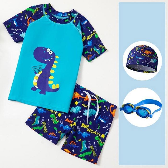 Maillot de Bain Enfant 4 Pièces Imprime Ensemble T-Shirt Short Bonnet de Bain et Lunettes de Natation Pour Garçon et Fille - Bleu - Sport