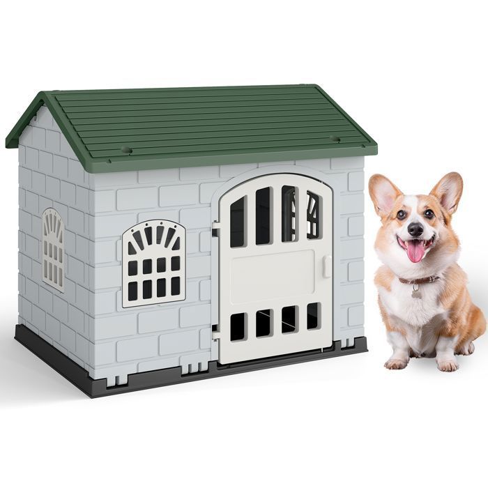 Meilleurs prix pour Maison pour Animaux en PP COSTWAY Porte Verrouillable 3 Fenêtres Toit Incliné Abri pour Chien pour Intérieur Extérieur Vert