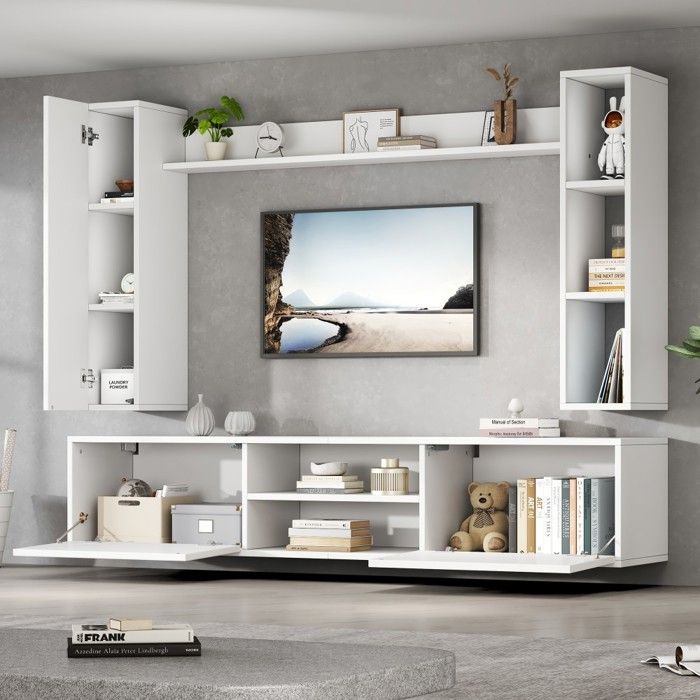 Ensemble meuble TV mural 180x35x33 5cm blanc (4 pièces) avec vitrines support TV jusquà 80 Ensemble meuble TV mural 180x35x33 5cm blanc (4 pièces) avec vitrines support TV jusquà 80