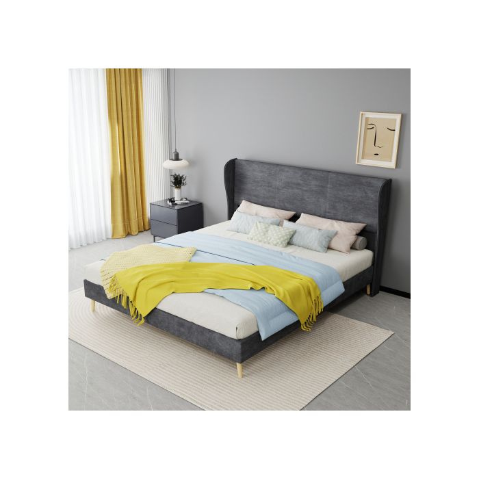 Lit rembourré - SOGEU - Lit 160x200 - Velours gris - Tête de lit douce - Sommier à lattes inclus