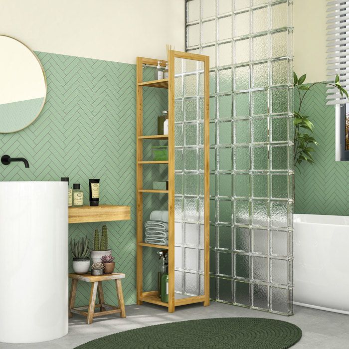 Meuble colonne de salle de bain à 6 niveaux en bambou avec miroir 6 étagères naturel 35L x 35l x 168H cm