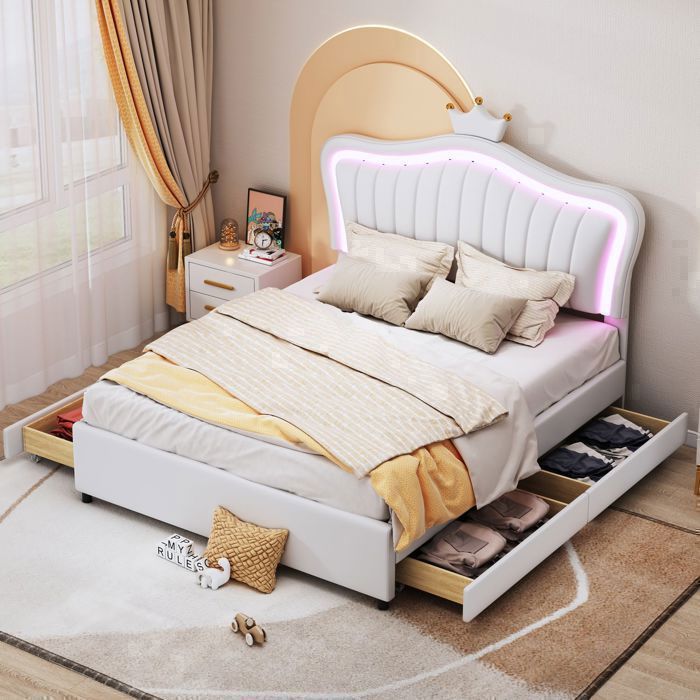 Lit Rembourré 140x200 Tête Couronne - Lit Coffre - 4 Tiroirs LED Multicolore Similicuir Blanc Sommier à Lattes Fille