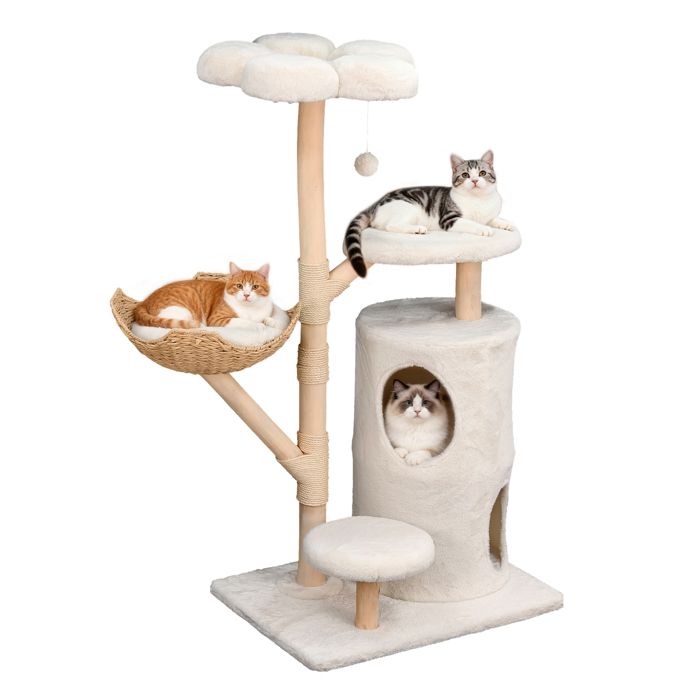 Arbre à Chat à 4 Niveaux de 142 cm - BingoPaw - Centre dactivités pour Chats avec 4 Plateformes et 1 panier - Blanc et Bois