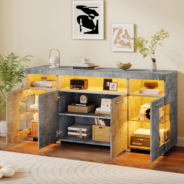 Buffet bas 140×40×70 cm avec éclairage LED Buffet salon en verre trempé avec 3 compartiments Buffet de cuisine en couleur ciment