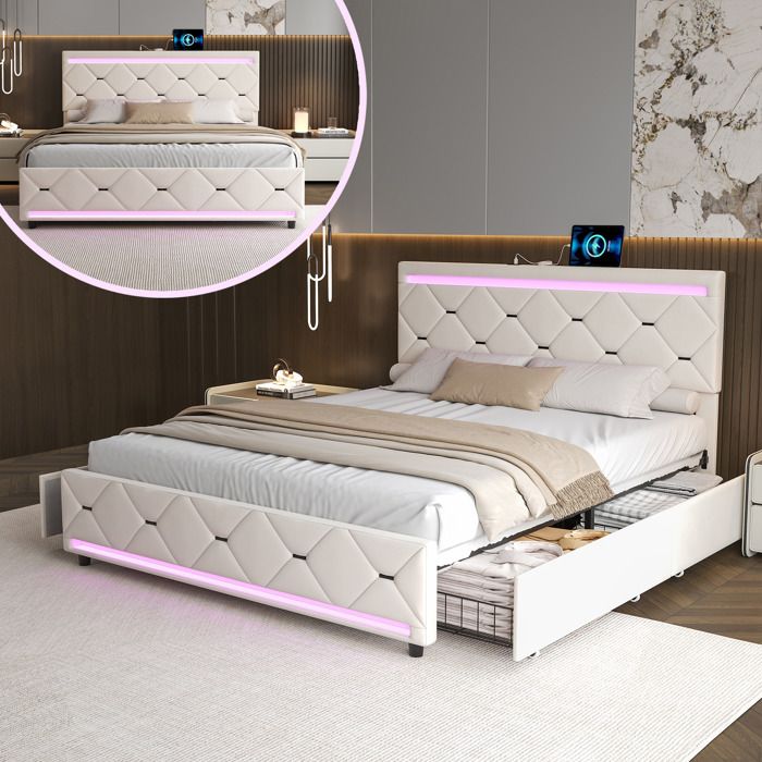 Lit 160x200 avec Sommier- Éclairage LED - Ports USB & Type C - 4 tiroirs -Tête de lit Rembourrée Sommier à Lattes Velours Beige