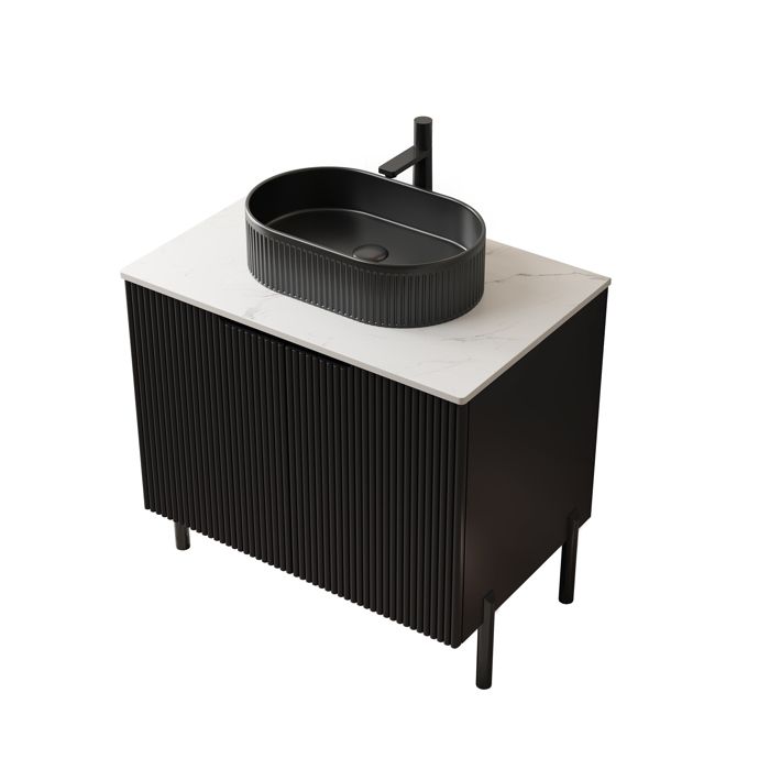 TURIO 76cm Lave-vaisselle de salle de bain libre avec bassin en céramique noir ovale rayé plaque de travail en pierre de Carrara