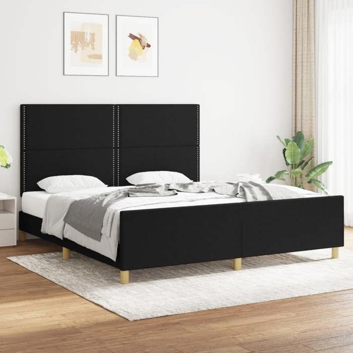 Cadre de lit tissu - UU - 180x200 cm - Noir - Tête de lit réglable - Pieds robustes - Lattes de contreplaqué