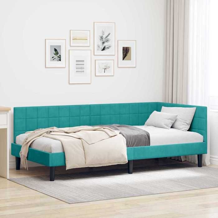 Structure de lit dangle - UU - 90x190 cm - Velours - Turquoise - Design en L - Cadre à lattes - Polyvalent canapé-lit