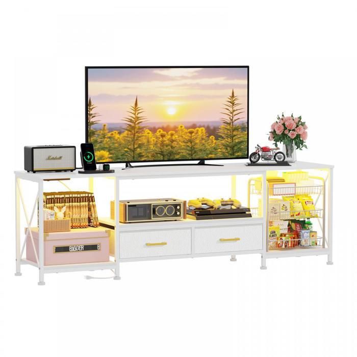 Meuble TV Blanc avec Éclairage LED - Avec Étagères Ouvertes et 2 Tiroirs en Tissu - Station de Charge - 180x40x58 cm
