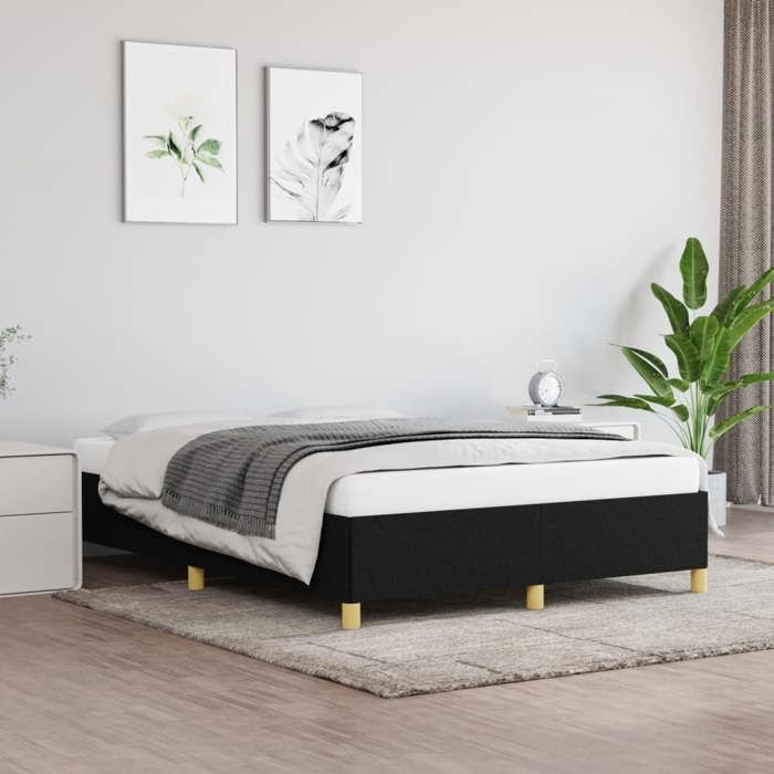 Cadre de lit en tissu - Happiness - 140x190 cm - Noir - Tissu polyester - Contreplaqué - Bois dingénierie