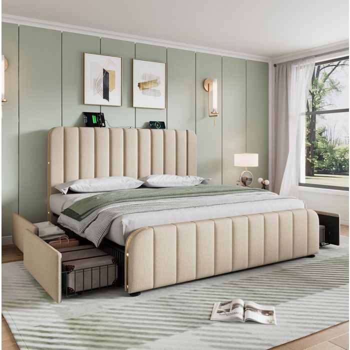 MODENUIT Lit double 160x200 cm avec tête rembourrée sommier à lattes USB Type-C et 4 tiroirs lin beige (Sans matelas)