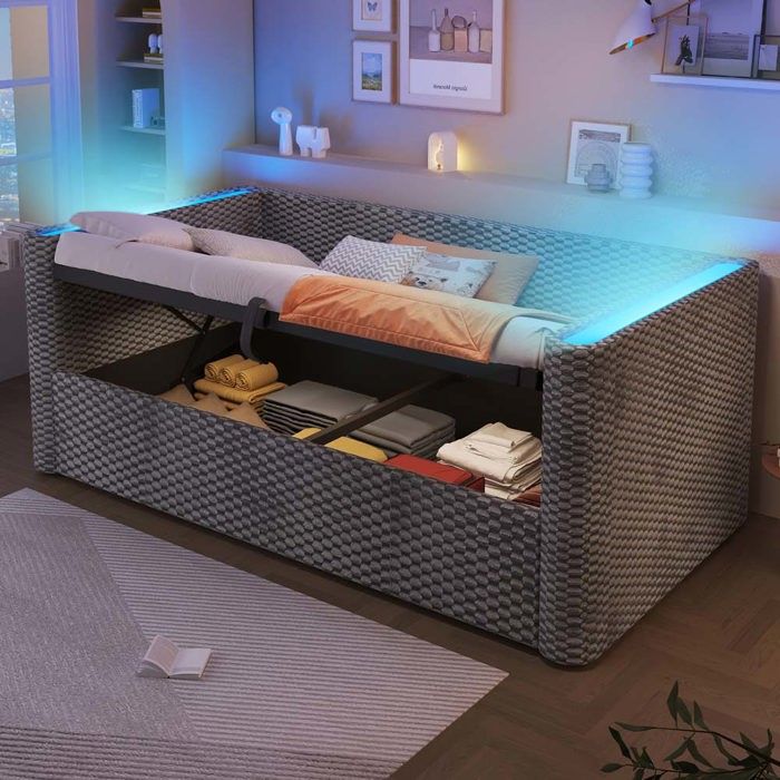 Canapé-lit 90 x 200 cm - Avec éclairage LED - Compartiment de rangement hydraulique - Sommier à lattes - Velours - Gris