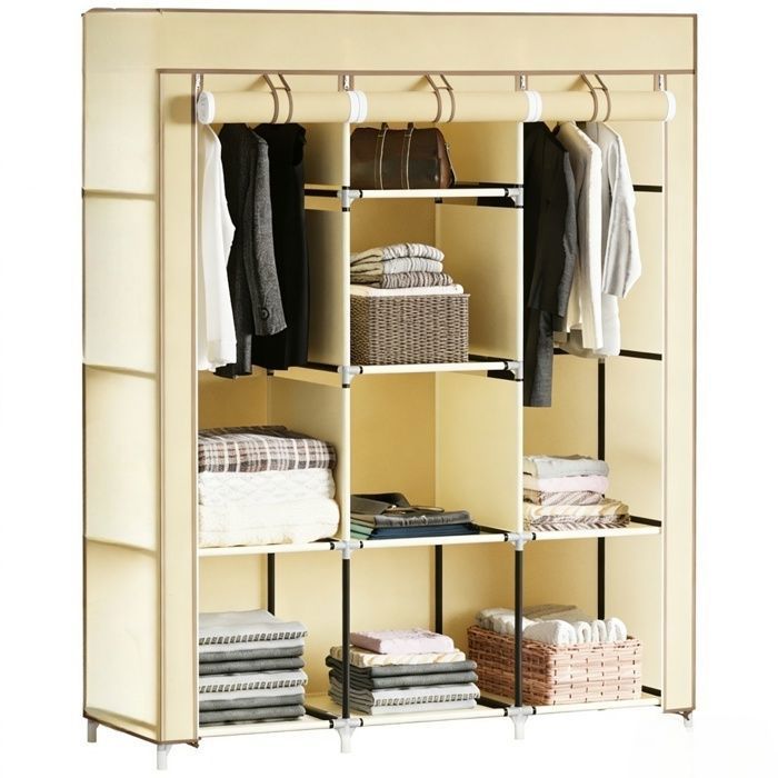 Armoire penderie - BELLEMAVE - Armoire de rangement à 8 compartiments - Pliable - en tissu non tissé - 125x43x1625 cm - Beige
