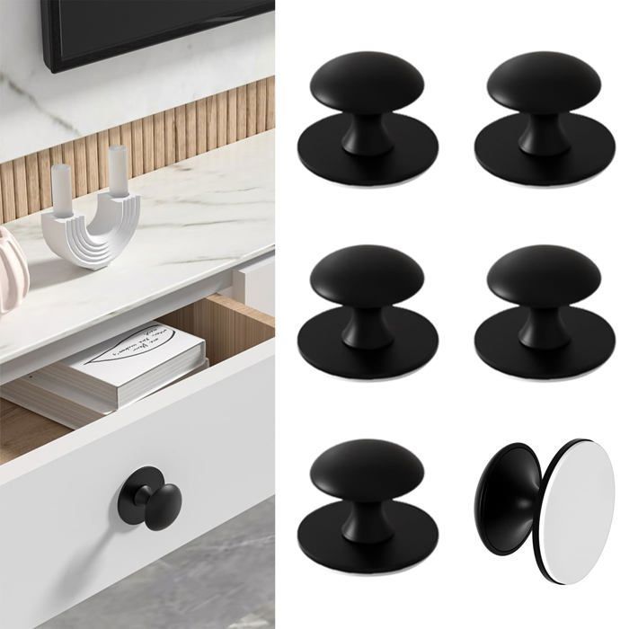 Lot de 6 boutons autocollants pour armoire - Noir - Boutons darmoire autocollants en acier inoxydable - Bouton à coller