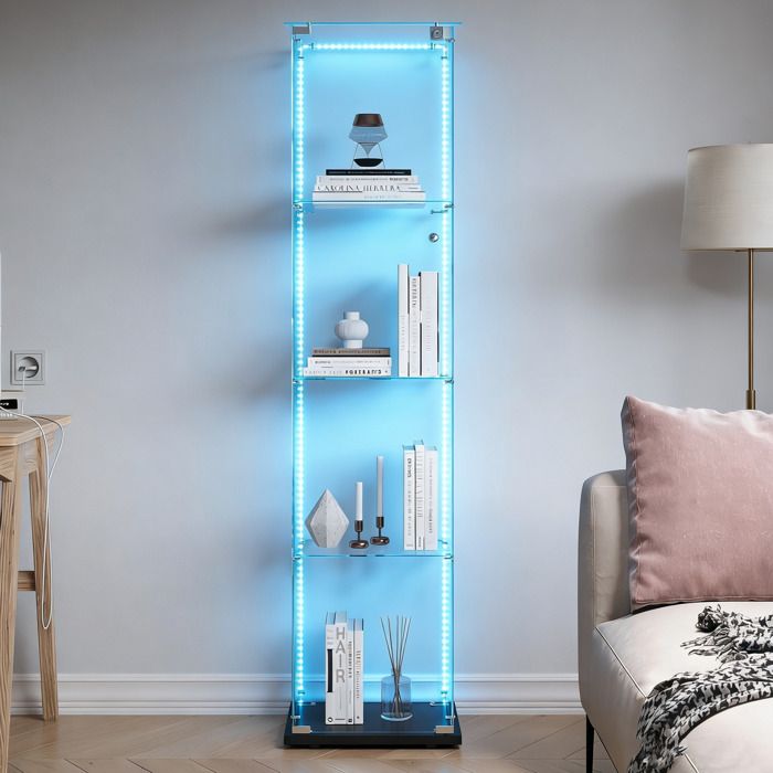 Vitrine en Verre LED - Vitrine Salon - 4 étagères Miroir - Serrure &1 Porte - Verre Trempé - Pour Collection - 39.8x35x163CM - Noir
