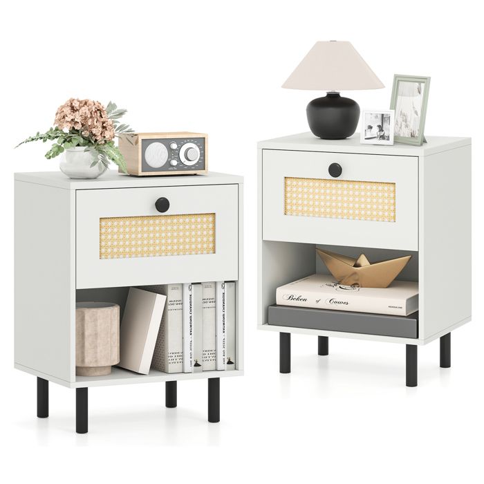 COSTWAY Lot de 2 Table de Chevet en Rotin avec Tiroir et Étagère Ouverte Pieds Métalliques pour Salon Chambre Blanc