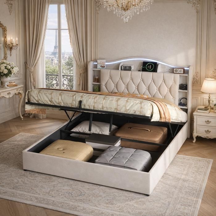 Lit Coffre 140x200 avec Rangement Lit Double Adulte Lit Rembourré avec Sommier LED et USB Lit Hydraulique Velours Beige