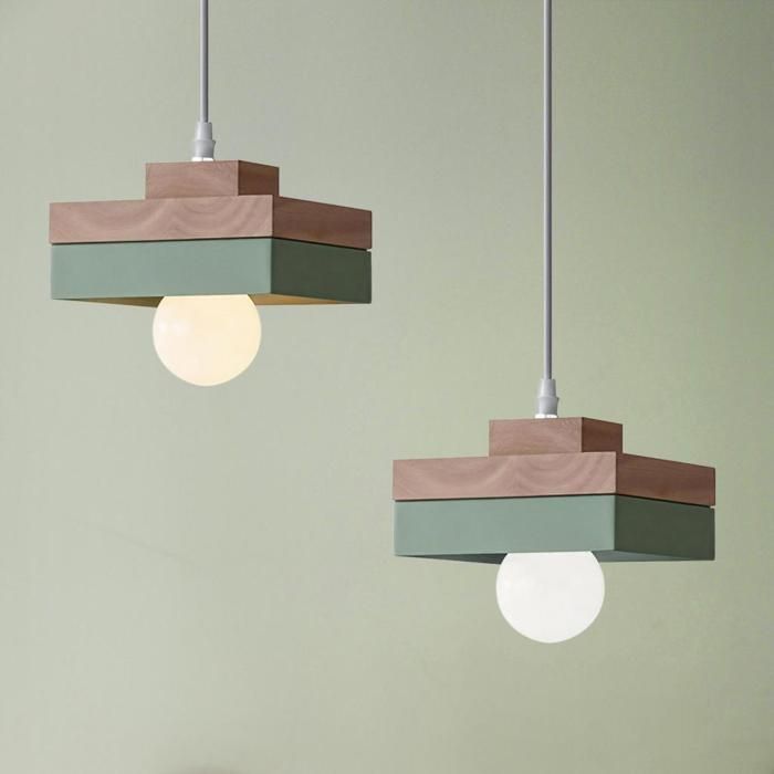 Suspension luminaire - SMOTOP - 2x abat-jours Ø18 cm - Bois & métal vert - E27 2x60W vintage
