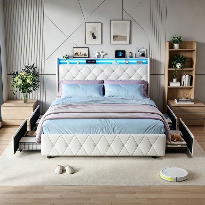 Lit double 160x200 cm lit coffre lit adolescent LED port USB tiroirs tête de lit sommier lattes flanelle beige
