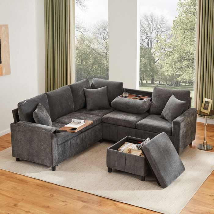 Canapé d’angle convertible avec rangement et tablette - MEUNIQ - USB-C lampe chenille gris 205 × 205 × 85 cm