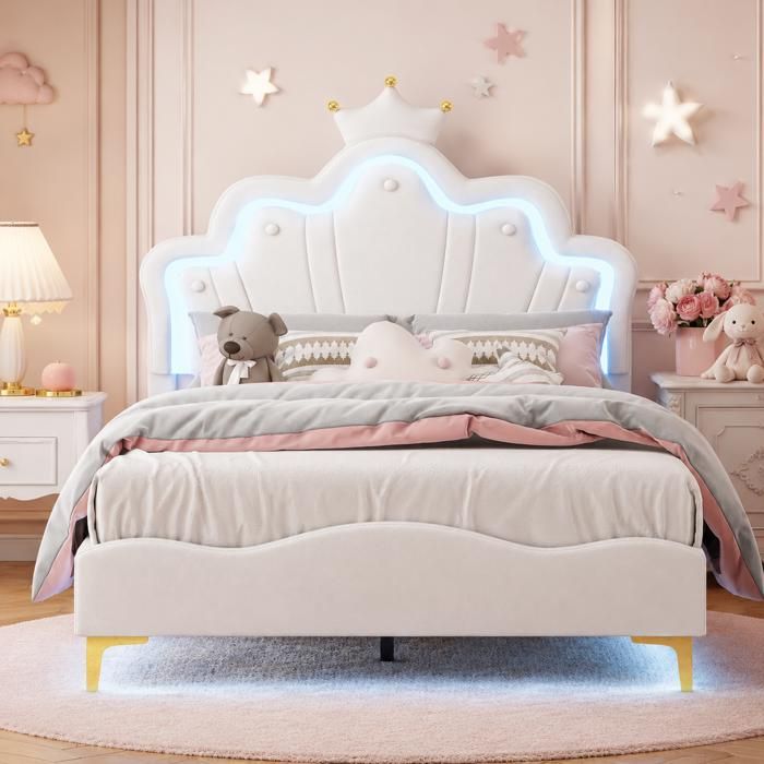 Lit enfant 140x190 cm lit princesse avec tête de lit couronne LED réglable sommier à lattes lit double fille cuir PU Blanc
