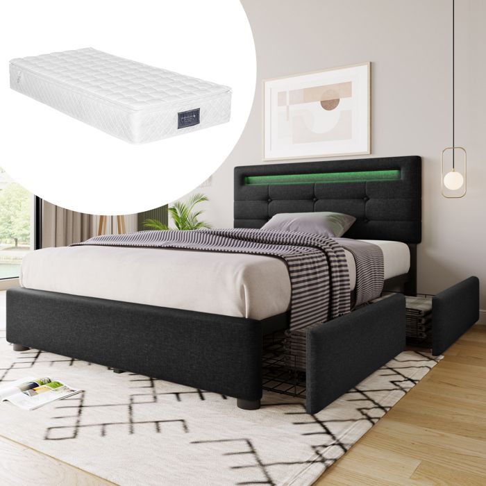Lit 1 place - KOMHTOM - 90x200 - LED intégrée - 2 tiroirs de rangement - Matelas inclus