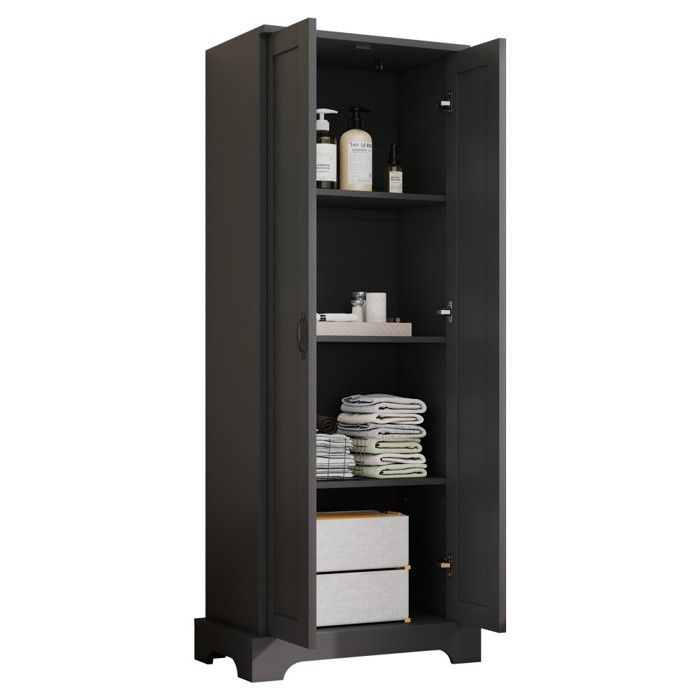 Colonne Salle De Bain Noir 56x40x170cm Peinture Anti-humidité Double Porte Étagères Réglables Et Charnières À Fermeture Douce Colonne Salle De Bain Noir 56x40x170cm Peinture Anti-humidité Double Porte Étagères Réglables Et Charnières À Fermeture Douce