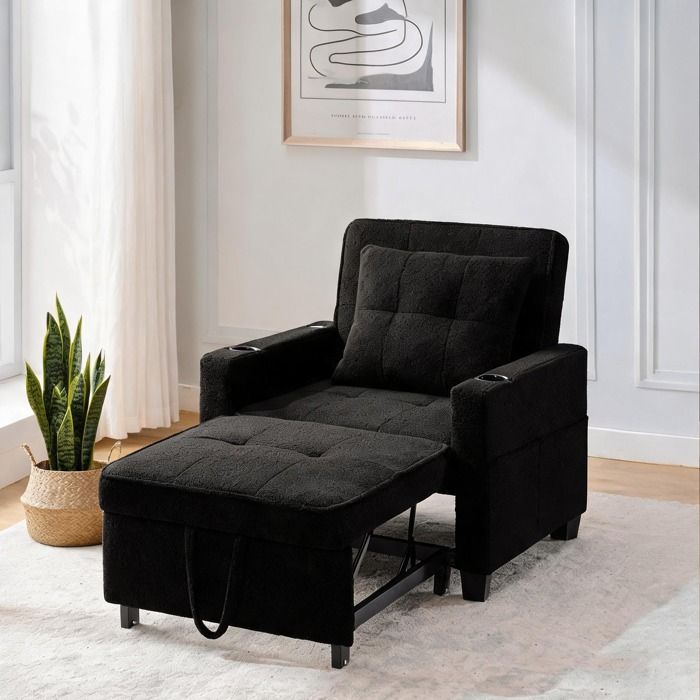 Pour petits espaces 1 place canapé convertible 3-en-1 deep black cadre en bois et métal idéal studio