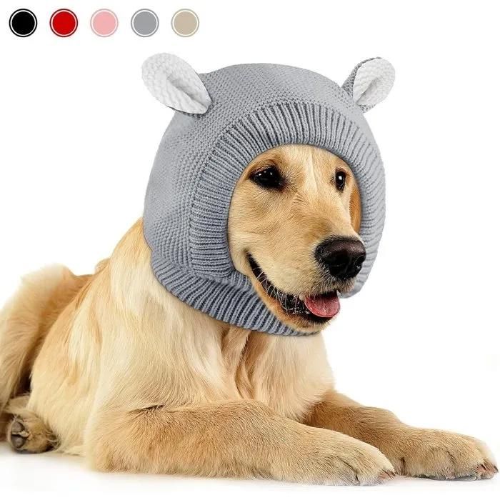Bonnet pour chien anti-bruit thermique modèle tricoté avec cache-oreilles hiver gris doux