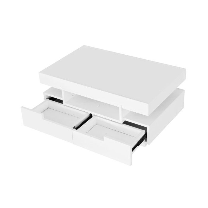 COVREO Table basse 80 x 50 x 36 cm blanc brillant avec LED intégrée 4 tiroirs et 3 niches ouvertes