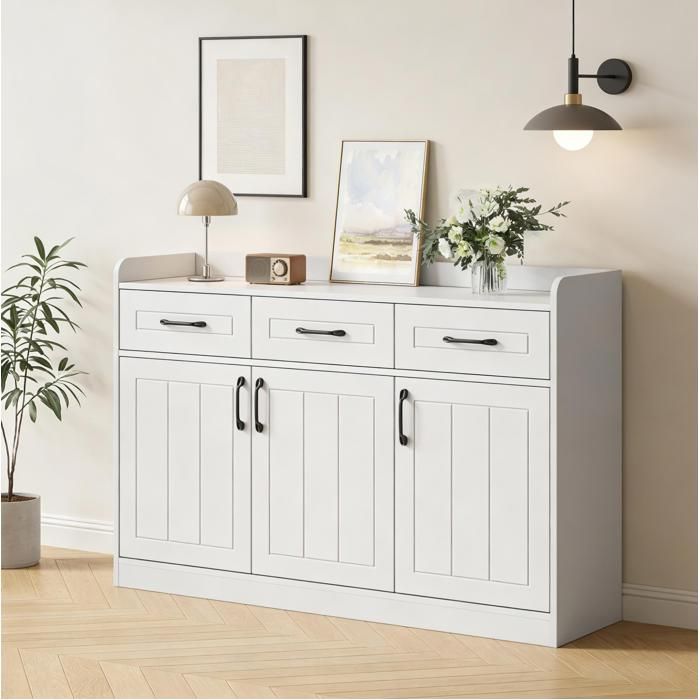 WOVREO Buffet bas 120 x 35 x 80 cm blanc 3 tiroirs 3 portes 2 étagères réglables poignées noires