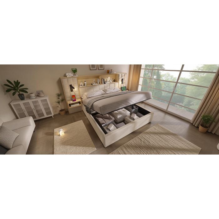 DESVIAE Lit combiné 160x200 beige avec coffre hydraulique 2 chevets lampes de lecture USB et USB-C
