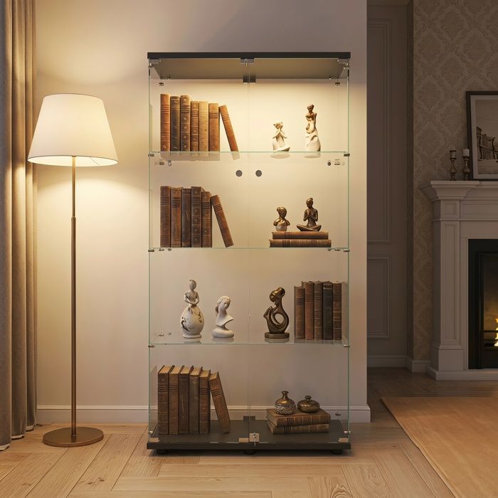 Armoire Vitrine en Verre Vitrine pour Collection en Verre Trempé 2 Portes 4 Étagères Meuble pour Salon Chambre Bar Noir