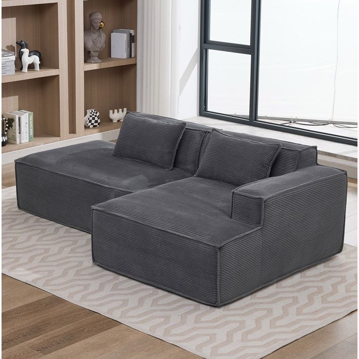 ROVRYN canape fixe 2 places 233 cm gris en tissu polyester avec 2 coussins ressorts ensaches