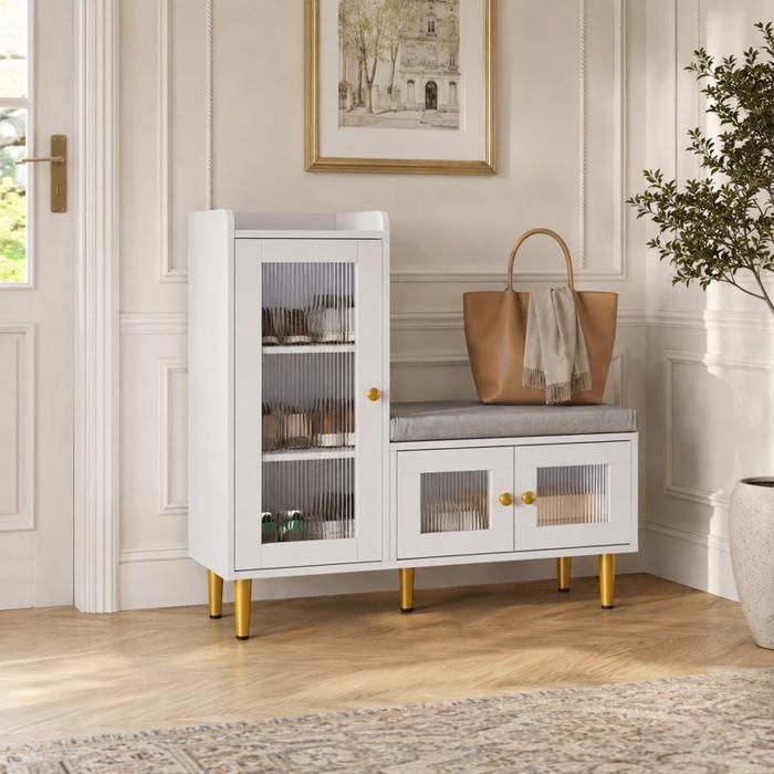 Meuble à Chaussures avec Banc et Portes Vitrées meuble d’entrée avec 3 portes et 4 étagères Étagères Réglables 100x35x90 cm Blanc