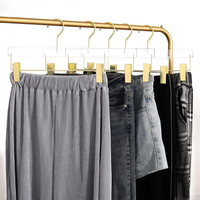 Lot de 10 cintres à pinces en acrylique transparent crochets dorés réglables pour jupes et pantalons
