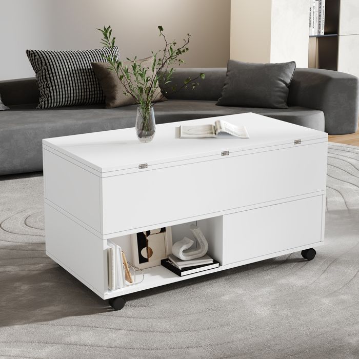 Table basse relevable 3-en-1 100x50x52 cm4 tiroirsroulettesrangement caché2 niches ouvertespanneaux de particulesblanc mat