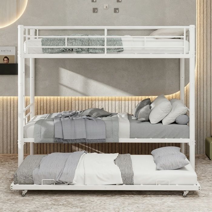 Lit superposé 3 places - BELLEMAVE - 2×90×190 cm - lit gigogne 90×180 cm - avec barrières de sécurité - sans matelas - blanc