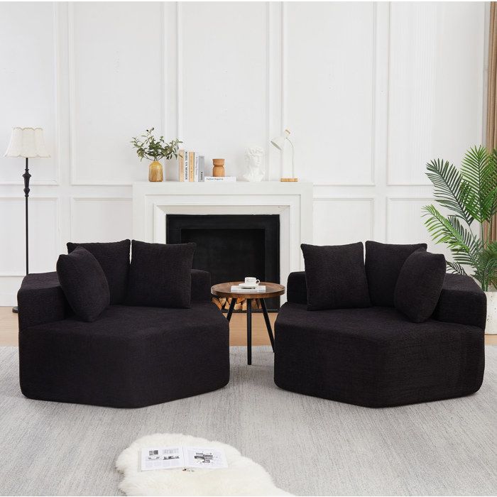 Canapé modulable hexagonal EVRYAE 2 places chenille bouclé noir 3 coussins livré compressé