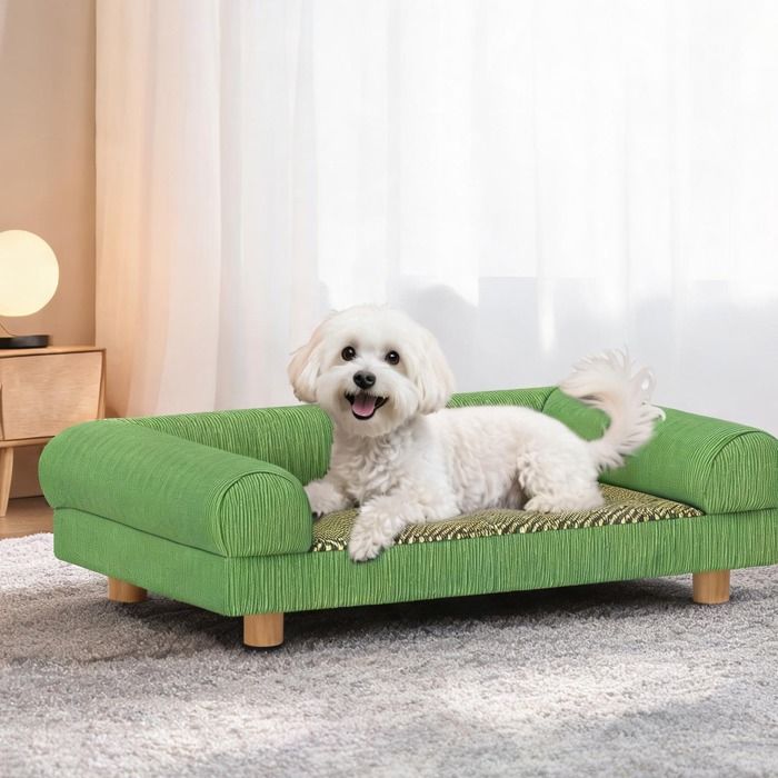 Lit canapé surélevé 1 place pour petit chien velours côtelé vert 63 x 41 x 17 cm