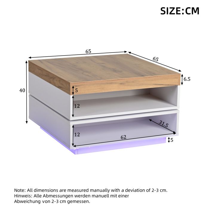 VUENOR Table basse carrée 65 x 65 x 40 cm blanc et aspect bois avec LED et plateau pivotant