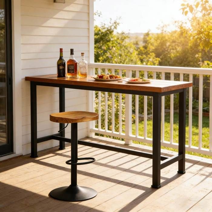 Tabouret de bar pivotant 360° réglable en hauteur - MEUNIQ - sans dossier repose-pieds bois massif métal marron