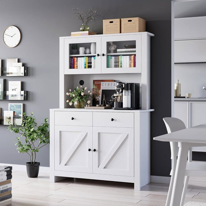 Buffet Cuisine Haut Réglable Blanc – Meuble Micro‑ondes Étagères Modulables – Rangement Multifonction Cuisine/Salle à Manger