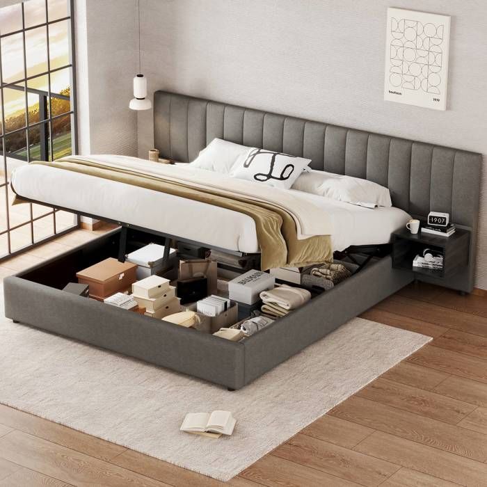Lit coffre 180x200 lin grisnoir avec 2 tables de chevet et sommier bois